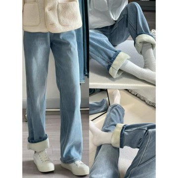 加絨加厚直筒牛仔褲女2025秋冬新款大碼胖mm高腰遮胯顯瘦闊腿褲子