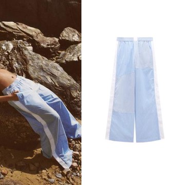 ZA 春季新款舒適寬松慵懶風高腰拖地褲拼布條紋闊腿長褲 3125277