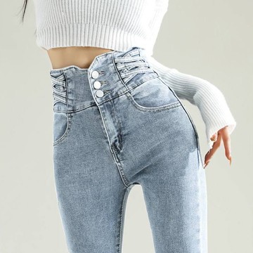 現貨 韓版高腰彈力緊身牛仔窄管褲 水洗淺色牛仔窄管褲 緊身顯瘦鉛筆褲 彈力牛仔褲 緊身褲 合身提臀牛仔褲 顯高褲子