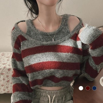 《杜達女孩》慵懶甜心 假兩件條紋針織上衣 仿羊絨軟嫩針織 長袖針織上衣 短版上衣 秋冬上衣 長袖上衣 條紋上衣 女 毛衣