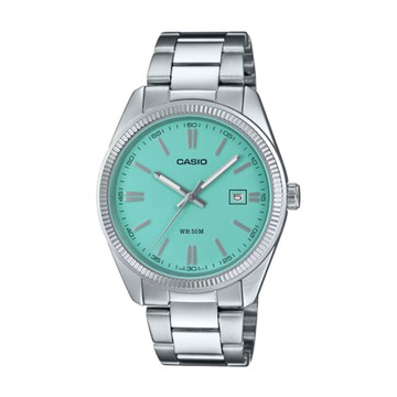 【CASIO 卡西歐】簡約立體面盤日期休閒腕錶-湖水綠/MTP-1302PD-2A2V
