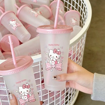 kitty冷飲杯🎀 夏日粉色貓貓磨砂吸管小眾咖啡杯高顏值大容量少女心冷飲隨身杯pp材質 奶茶杯