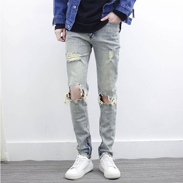 FINDSENSE品牌 2017新款 男生 歐美潮流大牌同款 拉鏈設計破洞牛仔褲小腳褲