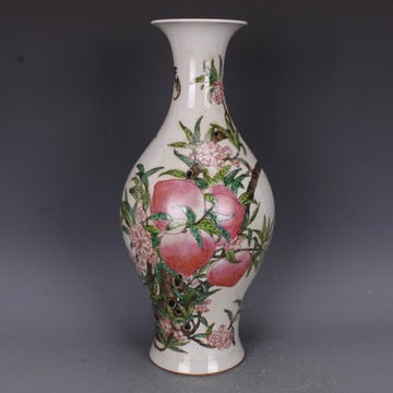 清康熙粉彩彩九桃紋橄欖瓶仿古工藝瓷器家居客廳中式擺件古玩收藏1入