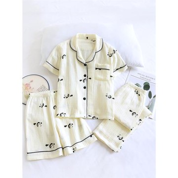 兒童夏季薄款純棉紗布睡衣三件套卡通男童短袖長褲短褲棉紗家居服