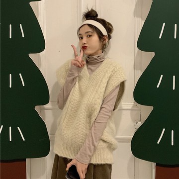 針織毛衣背心寬松V領麻花馬夾女+堆堆領打底衫女加厚上衣潮兩件套1入