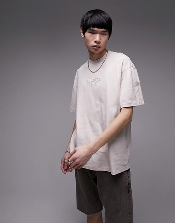 Topman oversized fit t-shirt with raised nowhere embroidery in stone-Neutral