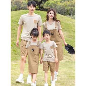 不一樣親子裝2025新款夏裝一家三口四口母女母子短袖T恤背帶套裝