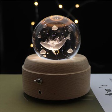 鯨魚擺件透明水晶球音樂盒旋轉八音盒木質送老師兒童女生日禮物