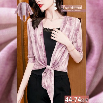 網紗漸層暈染印花綁帶半分袖外套 M-3XL【615330X】【現+預】☆流行前線☆