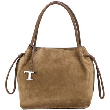 TOD S 中型 T字絨面麂皮手提/肩背抽繩水桶包(棕色)