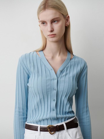Slit neck ribbed knitwear (2color)