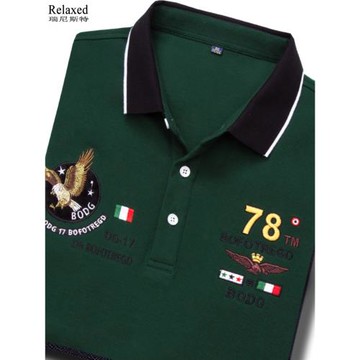 品牌男裝長袖翻領T恤純棉刺繡POLO衫高檔有領帶領秋季上衣服綠色
