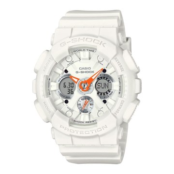 【CASIO 卡西歐】G-SHOCK 經典純白 鮮橘點綴 搶眼奪目 雙顯系列 GMA-S120SA-7A1_45.9mm
