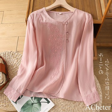 【ACheter】新中式風尚棉麻感盤扣長袖上衣刺繡國風茶服寬鬆顯瘦短版# 121240 (現貨+預購)