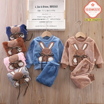 【萌兔加絨】兒童睡衣 家居服套裝 寶寶睡衣 冬款睡衣 兒童冬裝 男女童家居服 加厚保暖 親膚柔軟 卡通可愛 冬季室內保暖