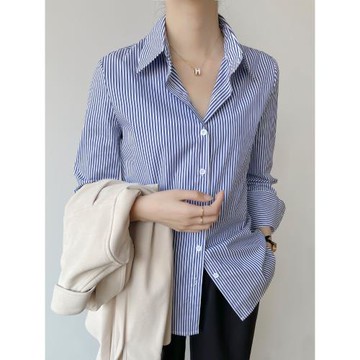 藍色豎條紋襯衫女2025年春季新款通勤職業氣質襯衣設計感小眾上衣