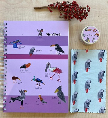 童趣插畫 世界的鳥 紙膠帶 筆記本 灰鸚鵡 拭淨布 3件組 滿500贈