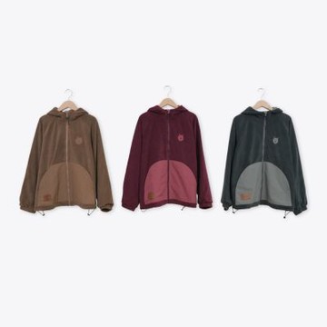 【Dailo】Q絨熊格字配色連帽休閒外套 深紅 咖 深灰