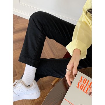 梨形身材黑色直筒褲女秋冬新款大碼胖mm高腰顯瘦小個子彈力九分褲