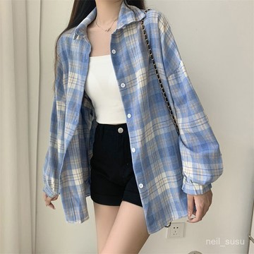 P3-【限時特賣】 襯衫女 女生襯衫 襯衫外套 防曬外套 韓版襯衫 格子襯衣女韓係設計感小個子春夏復古百搭寬鬆襯衫防曬內