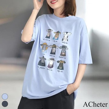 【ACheter】清涼T恤寬鬆顯瘦短袖印花中長版棉上衣# 113462(現貨+預購)