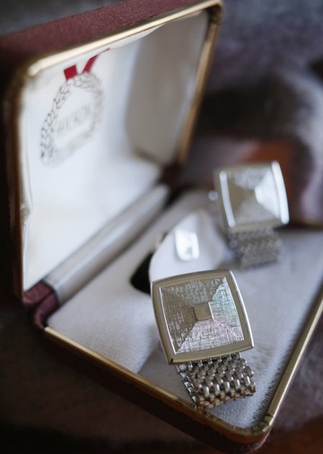 古董銀色刷紋方塊袖扣 領帶針 HICKOK原裝盒