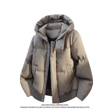 NASAB-EARE美式復古咖色皮衣棉襖男士冬季棉衣高領口連帽保暖棉服