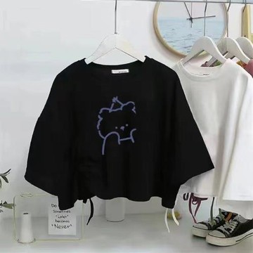 設計感港風抽繩短款減齡超火短袖t恤女夏季新款寬松復古上衣學生