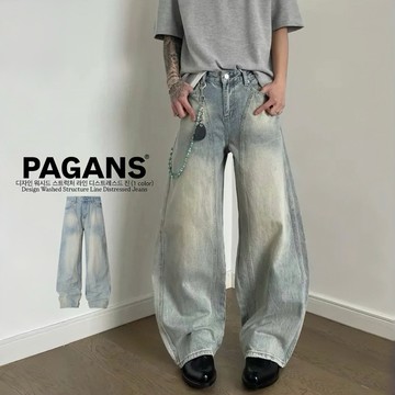 【PAGANS STORE】韓國 水洗 仿舊 復古 結構 裁剪 流線 解構 流利 車線 彎刀褲 牛仔褲 彎刀 牛仔 長褲