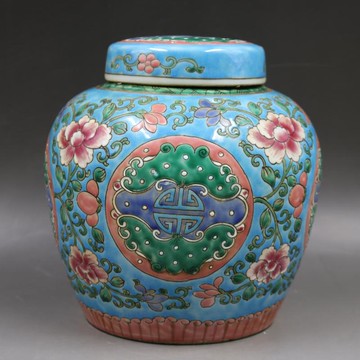 清康熙粉彩花枝壽紋茶葉蓋罐 仿古瓷器古董古玩 舊貨收藏家居擺件1入