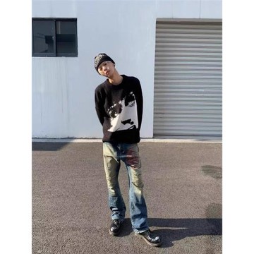 美式復古Cleanfit人像提花針織慵懶風圓領毛衣男女秋冬潮牌毛衫外