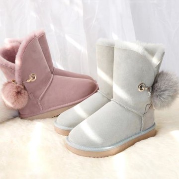 冬季新款別針毛球加絨保暖雪地靴