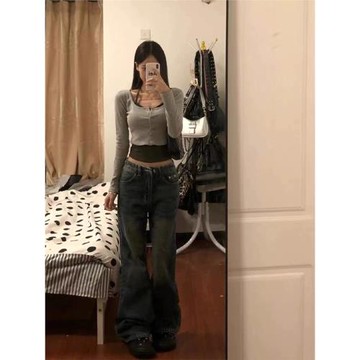 美式正肩長袖t恤女春秋冬大碼微胖設計感小眾緊身收腰假兩件上衣