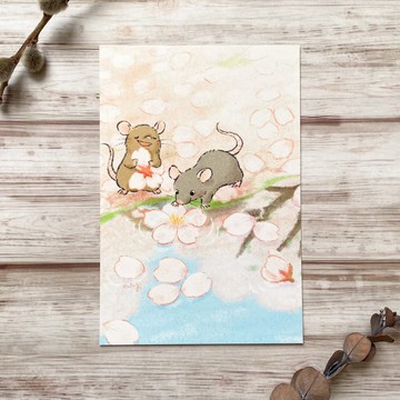 櫻花與老鼠明信片 春日溫柔動物插畫 1 張