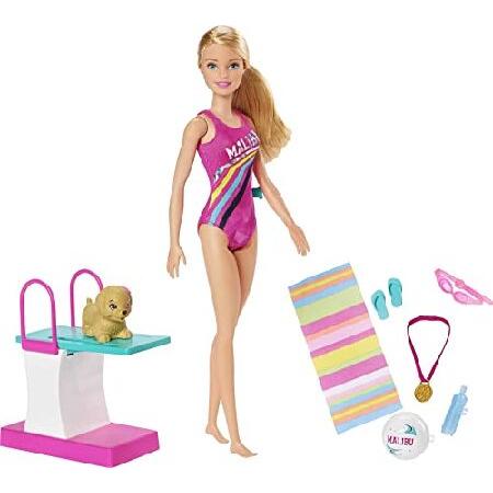 Barbie Dreamhouse Adventures Swim ＆#39;n Dive Doll, 11.5-Inch, in Swimwear,  with Swimming Feature, Diving Board and Puppy, Gift for to Year Olds