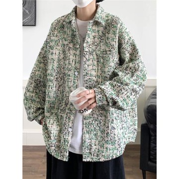 小香風夾克男春秋季設計感小眾撞色格子襯衫大碼寬松潮牌長袖襯衣