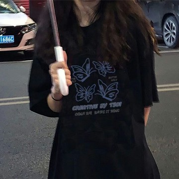 美式復古黑色短袖t恤女夏季2022寬松ins潮oversize設計感小眾上衣