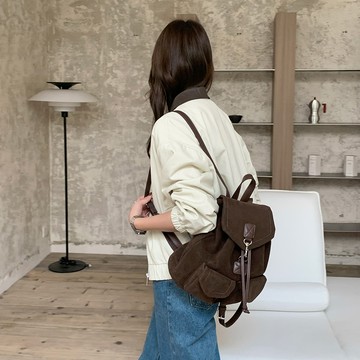 歐逆百搭款麂皮抽繩後背包 可可咖