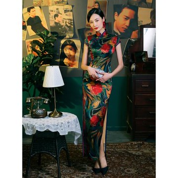 四小姐長款年會主持人真絲旗袍晚禮服老上海復古民國風高端大氣