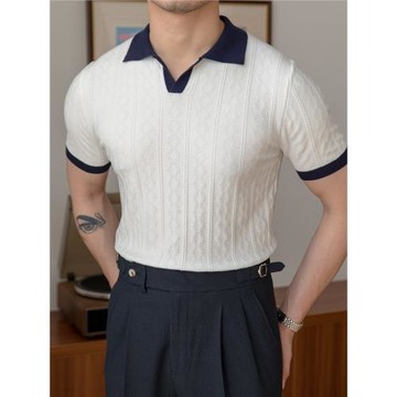 鹿三先生自制夏季針織提花拼色翻領上衣英倫復古修身帥氣POLO衫男