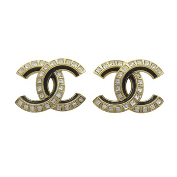 【二手名牌BRAND OFF】CHANEL 香奈兒 金色鍍金 黑色漆面 雙C水鑽耳環