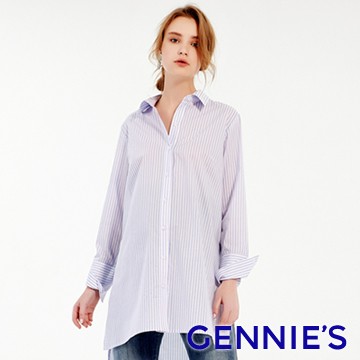 Gennies奇妮 直條紋前短後長顯瘦上衣-淺藍條紋(T3F07)