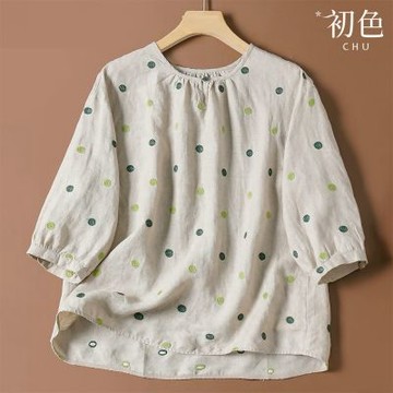 初色 設計感棉麻風圓點褶皺圓領七分袖T恤上衣女上衣-波點-52719(M-2XL可選)