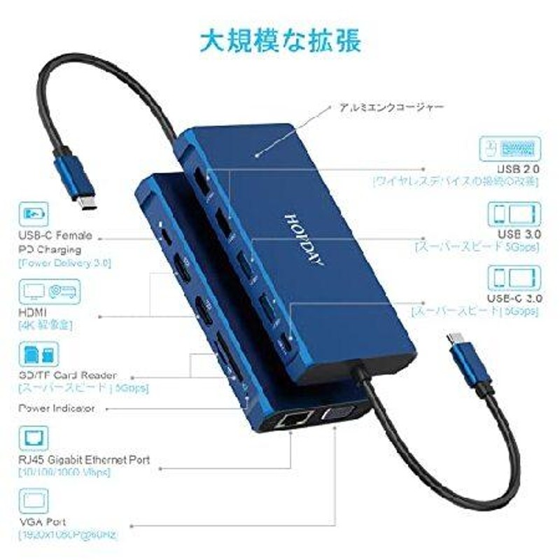 HOPDAY USB Cハブ、12 in 1 Type-c ノートパソコンドッキング