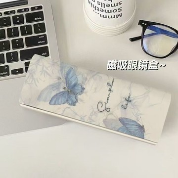 🔥桃園出貨🔥碎冰藍蝴蝶眼鏡盒磁吸式中國風近視眼鏡 收納盒 防摔抗壓墨鏡盒大框