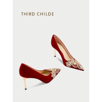 三公子新款中式婚鞋新娘鞋秀禾服婚紗兩穿設計感小眾細跟高跟鞋女