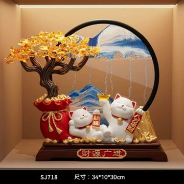 流沙畫發財樹招財貓擺件 招財貓擺飾 發財樹擺件 新中式客廳裝飾品 開業喬遷禮