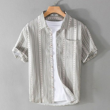 新品【夏季】條紋新款短袖襯衫男士潮流氣泡寬鬆紋理舒適百搭襯衣簡約休閒