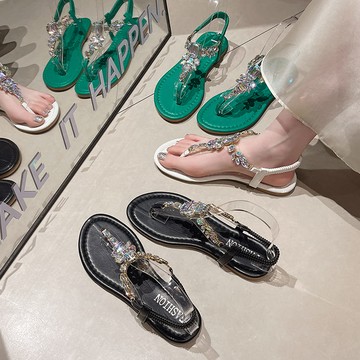 【現貨出清】【36-43全尺碼】氣質T字寶石水鑽後鬆緊夾腳平底涼鞋．白鳥麗子